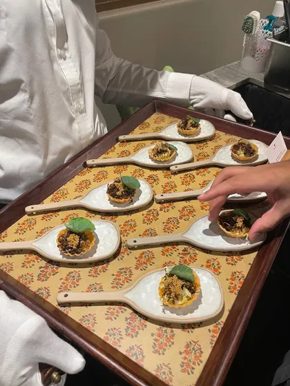 The experience begins with elegant canapés. Here, my team serves bite-sized creations with white-gloved service, bringing a touch of formal restaurant luxury to your private gathering.