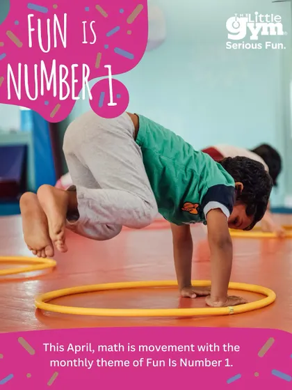 These posters for our "Fun is Number 1" theme show how we teach math without worksheets. Preschoolers learn numbers and patterns through movement, like frog jumps and balancing.