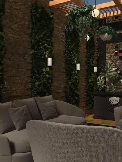 A 3D concept for a rustic-themed lounge area. The design features stone walls, vertical greenery, a built-in bar with a wine rack, and comfortable, modern furniture.