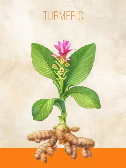 A botanical illustration of the Turmeric plant, showing the vibrant flower and the powerful rhizome (root) below. We source our turmeric from Sangali to ensure it has the highest potency for its anti-inflammatory benefits.
