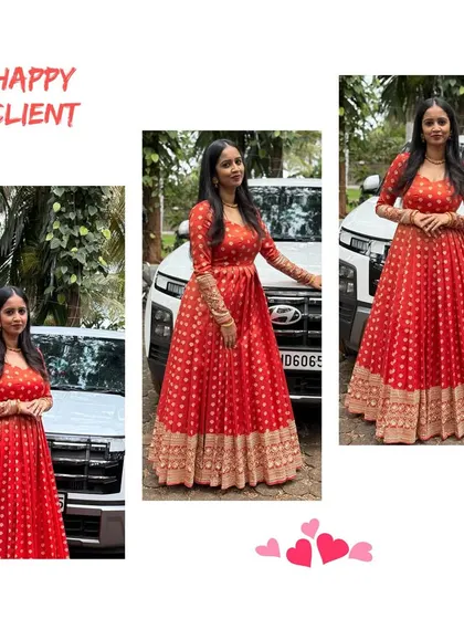 A collage of a happy client in her red and gold full-length Anarkali gown. The smile says everything.