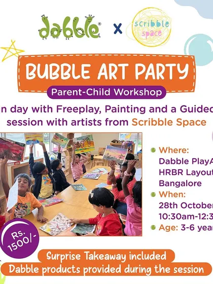 The official announcement for our Bubble Art Party, a parent-child workshop. These events are designed for families to create and have fun together in a guided, playful setting.
