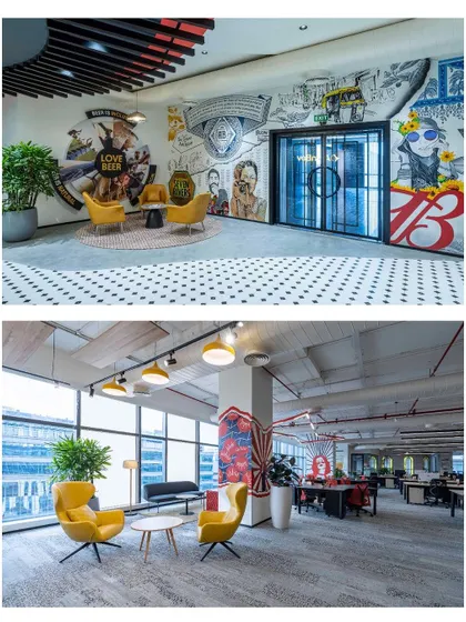 This collage shows two views of the AbInbev office. The top frame highlights the reception mural, while the bottom shows how we carried the artistic energy into the workspace with hand-painted columns and vibrant seating areas.