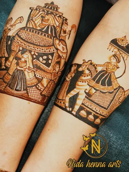 A royal bridal entry scene, showing the bride in a doli carried on an elephant and the groom arriving on a horse. This is a grand and traditional theme for a full bridal mehandi.