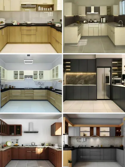 A collage showcasing a variety of U-shaped kitchen designs we have created. It highlights different color schemes and material combinations, from dark and modern to light and classic.