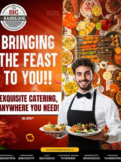 Bringing the feast to you. A smiling waiter holds plates of delicious food, with a backdrop collage of our best dishes, promising a wide variety for your catered event.