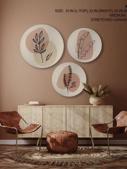 A modern set of three circular stretched canvas prints with various abstract plant and leaf designs. The minimalist style and muted tones create a calm and natural atmosphere.