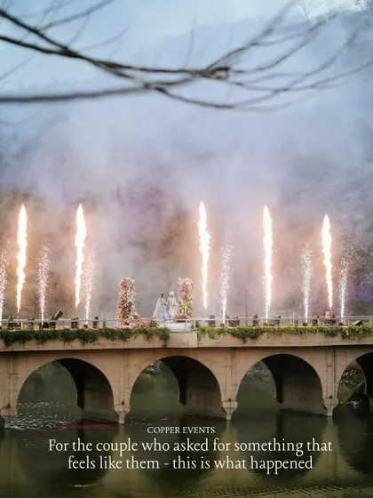 A truly epic varmala ceremony on a bridge, complete with a stunning firework display. We design these key moments to be larger than life and completely unforgettable.