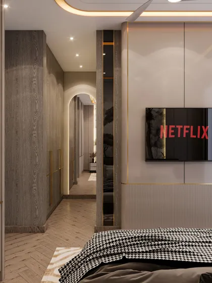 A view showing the passage from the guest room, with continuous wood-look flooring and integrated lighting. The design creates a seamless flow and a sense of warmth.