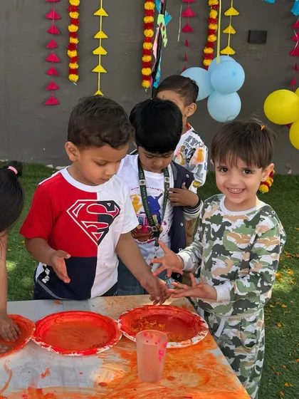 Messy hands and happy hearts at our Holi celebration. The children had a wonderful time engaging in sensory play with natural, skin-friendly colors.