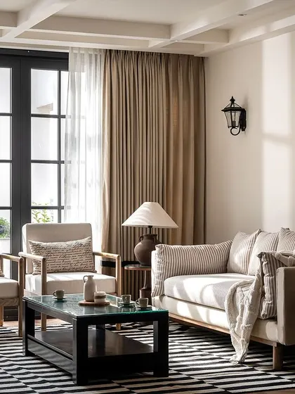This living space from Riviera Maison is inspired by French colonial design. We used a palette of beige and black, with natural wood armchairs and a striped rug to create a look that is both classic and relaxed.
