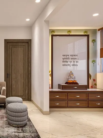 A pooja unit seamlessly integrated into the living area of our Purvanchal Royal City project. The design features a glass enclosure with Sanskrit verses and a wooden base with ample storage.