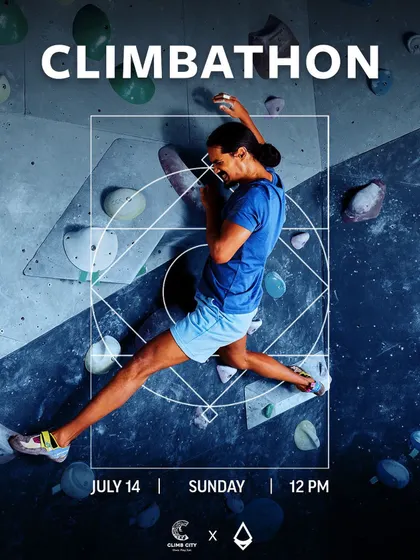 Another Climbathon challenge announcement. This poster explains the game: four routes with products taped to the top. If you complete the route, you get a chance to win pain relief products from our sponsor. Are you ready?