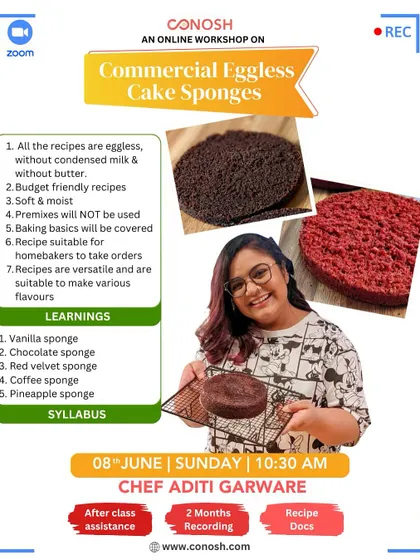This workshop on Commercial Eggless Cake Sponges is designed for home bakers looking to take orders. I teach budget-friendly, soft, and moist recipes for versatile sponges like vanilla, chocolate, and red velvet without using premixes.