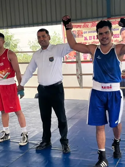 Another shot of the victory moment for our boxer at the Uttarakhand Senior Boxing Championship.