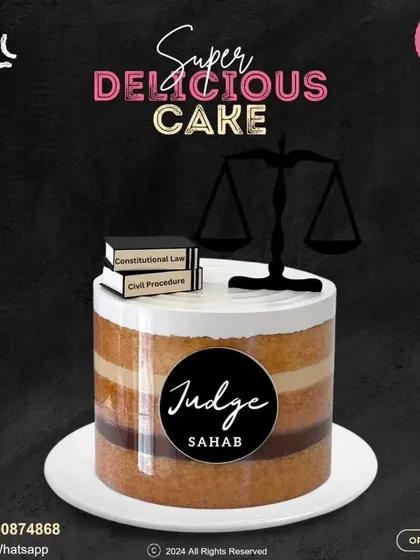 A distinguished cake for a legal professional. This pull-me-up cake is decorated with a "Judge Sahab" plaque and topped with fondant law books and the scales of justice.