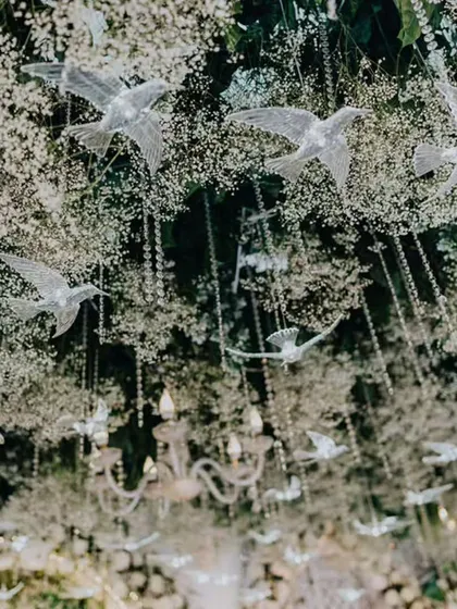 A magical detail from our green and white engagement decor. Crystal birds appear to fly through a cloud of baby's breath and delicate crystal strings, with a chandelier adding a touch of elegance.