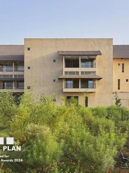The award-shortlisted JSW Sanjeevani Hospital in Dolvi, nestled within its natural landscape. Our design aimed to create a healing environment that feels connected to the earth, using natural materials and ensuring green views from every part of the building.