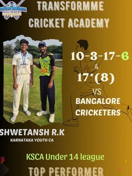 Shwetansh R.K's phenomenal all-round performance in the KSCA U-14 league, taking 6 wickets and scoring crucial runs.