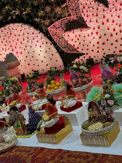 An angled view of a large platter display, showing the depth and variety of the arrangements.