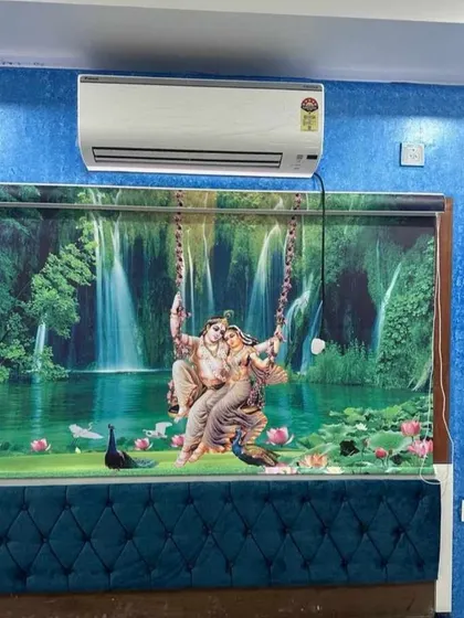 Here is another look at the custom Radha Krishna 3D printed blind installed above a headboard. It serves as both a window treatment and a stunning piece of wall art, completely defining the room's atmosphere.