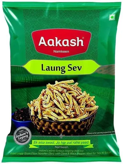 This is the unique Laung Sev from Aakash Namkeen. It's a thicker sev variety infused with the distinct, aromatic flavour of cloves for a special taste.