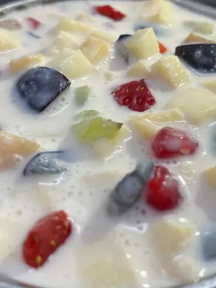 A refreshing Fruit Salad with cream, a light and healthy dessert option we offer in our catering menu.