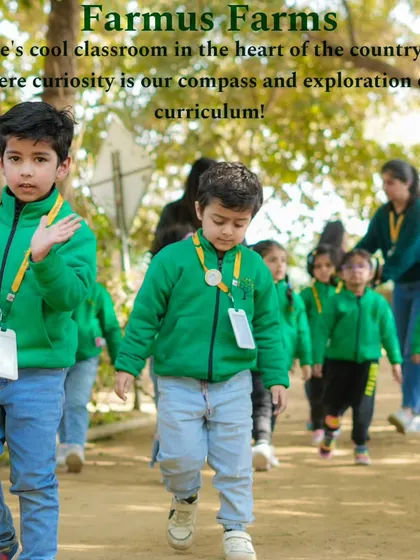 An image from a school trip, describing our farm as "nature's cool classroom" where curiosity is the compass.