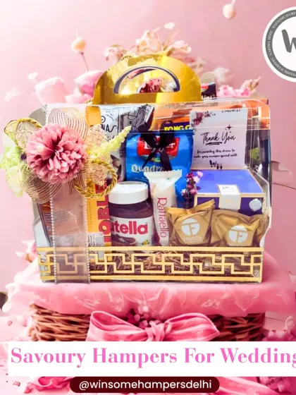 A savory and sweet hamper for a wedding celebration. This gift basket combines treats like Nutella and Raffaello with other snacks, presented beautifully against a floral backdrop.