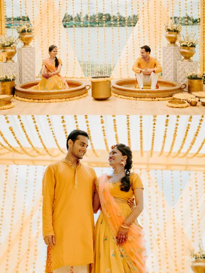 A collage showing the beautiful decor and the happy couple at their Haldi ceremony.