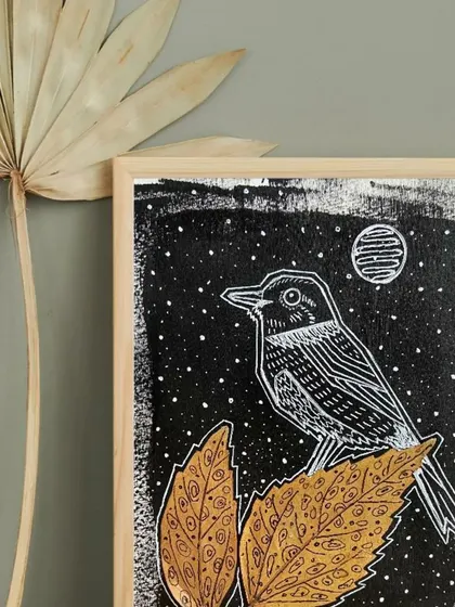 From the "VIBING with NATURE" exhibition, this series by Puja Kumari uses preserved dried leaves as a central element. Her unique style combines delicate ink drawings of birds with the natural texture of the leaves, creating beautiful, eco-friendly art.