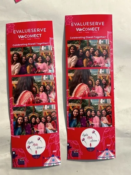 Branded photo strips from an Evalueserve 'WeConnect' Diwali celebration. This shows how our classic booth can bring teams together and capture the spirit of corporate festivities.