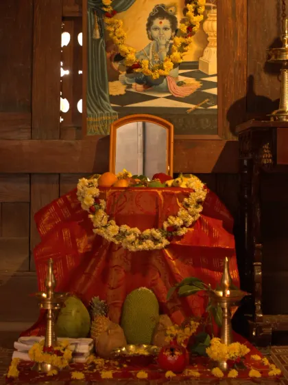 The sacred Vishukkani arrangement for Vishu, the Malayalam New Year. It is the first thing seen on Vishu morning to bring prosperity and abundance for the year ahead.