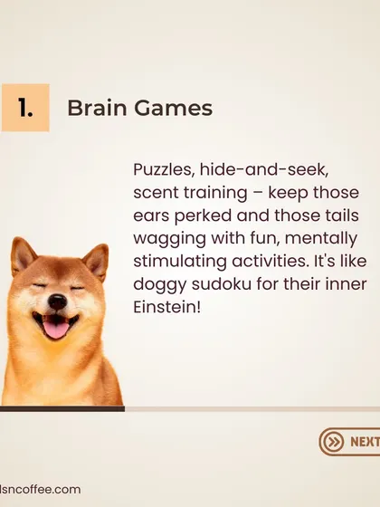 Keeping your dog's mind sharp is as important as physical exercise. Tip 1: Brain Games. Puzzles, hide-and-seek, and scent training are like doggy sudoku for their inner Einstein.