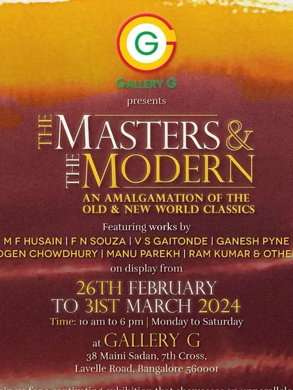 The official invitation for 'The Masters & The Modern', our exhibition featuring an amalgamation of old and new world classics from artists like M.F. Husain, V.S. Gaitonde, and others.
