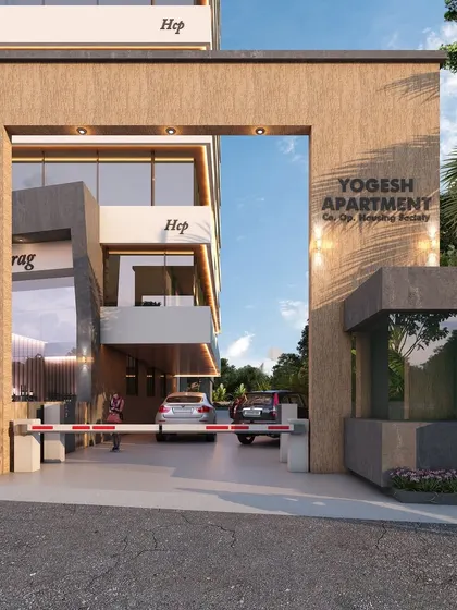 The main entrance gate for the commercial complex, designed to be both secure and welcoming. The clean lines and use of concrete and wood textures reflect the architectural language of the main tower, creating a cohesive identity for the entire site.
