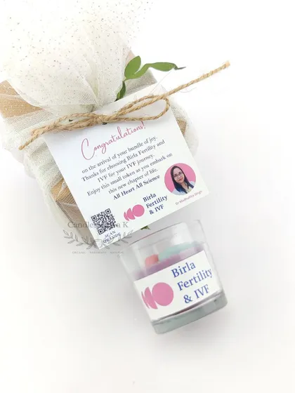 A proud moment creating these congratulatory gifts for new parents at the Birla Fertility & IVF Clinic. This project showcases my ability to handle professional corporate orders, complete with custom branding on the candle jars and personalized thank you cards.