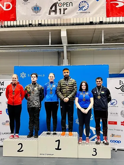 The mixed team podium at the Elva Open Air tournament, with our athlete Upraj Singh and his partner taking the gold medal.