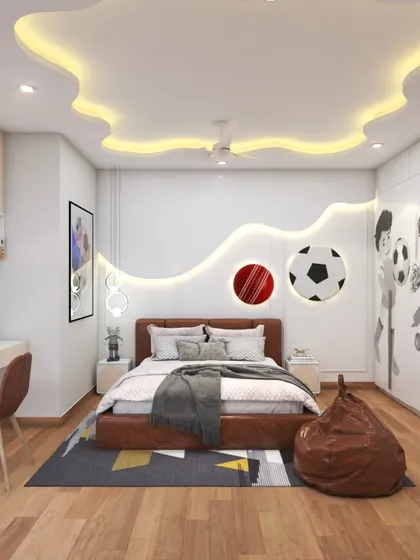 Another fun kids' room design, this one with a sports theme. The custom wallpaper and playful decor make it a space where any child would love to hang out.