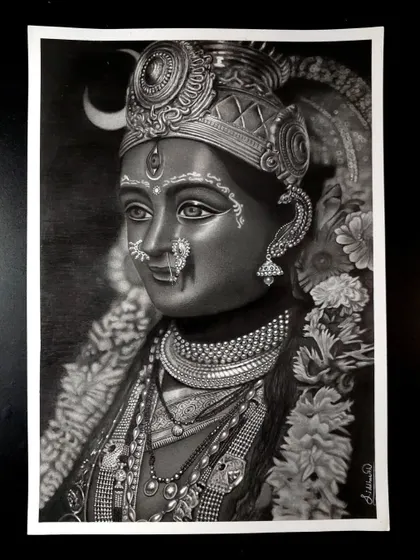 The final completed pencil drawing of Matarani. The contrast between the dark background and the detailed figure makes the artwork stand out.