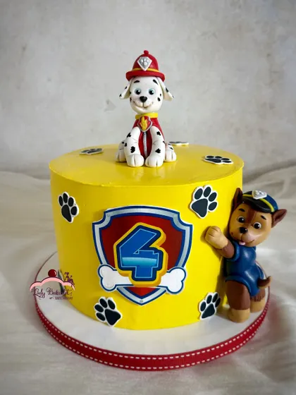 No job is too big, no pup is too small! This Paw Patrol cake is ready for a ruff-ruff rescue, featuring handcrafted figures of Chase and Marshall.