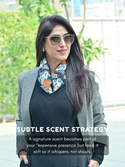 A subtle scent is a crucial part of looking expensive. Here I am in a chic blazer and scarf, illustrating how a signature scent should whisper, not shout. It becomes a memorable part of your presence.