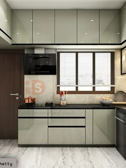 A photorealistic 3D render of a modular kitchen design. This allows the client to see exactly how the sage green cabinets, black granite countertop, and built-in appliances will look in their home.