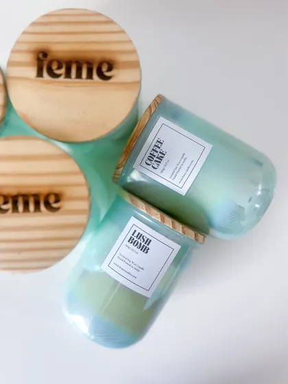 Obsessed with these green holographic jars. They come with our signature engraved wooden lids.