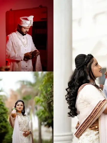 A collage showing the groom getting ready and the couple's romantic portraits, highlighting their elegant white wedding outfits.