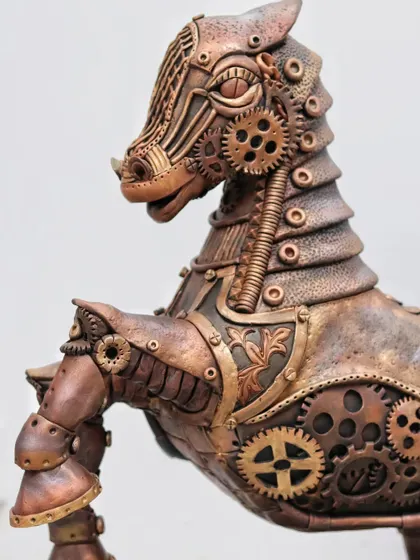 Another angle of the horse's head, showing the combination of metallic finishes and intricate piping that brings the Steampunk aesthetic to life.