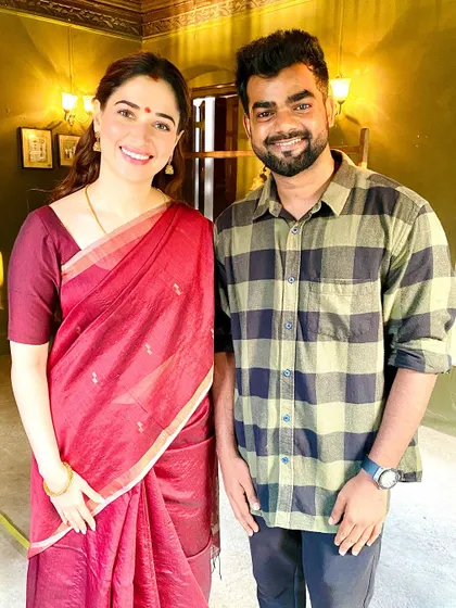 With my favorite, Tamannaah ma'am, on the sets of 'Aranmanai 4'. I had the wonderful opportunity to work as an assistant choreographer for a song in this movie.