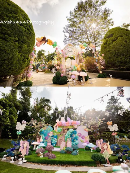 An expansive look at the magical fairyland I created in a client's garden. The setup includes a grand entrance arch and a detailed main stage, ensuring an immersive experience from the moment guests arrive.