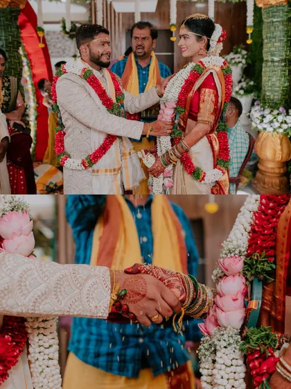 A collage showing the Varmala exchange and the couple shaking hands, symbolizing their union.