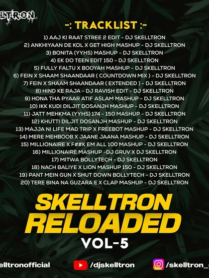 The complete tracklist for Vol. 5. With 20 tracks, this pack offered a huge variety of mashups and edits, from Bolly-Tech to high-BPM bangers.